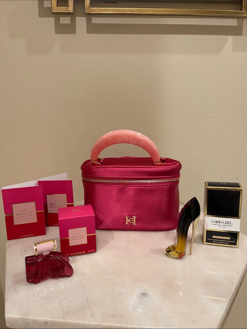 Carolina Herrera Hot Pink Satin BambooTop-Handle Cosmetic Bag